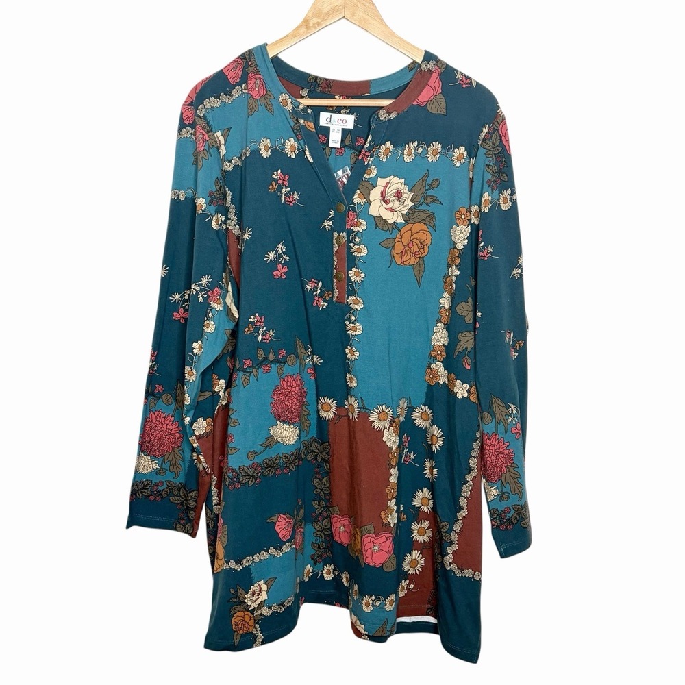 Denim & Co Floral Knit Tunic Top Womens Size 3X Boho Colorful Long Sleeve